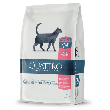 QUATTRO Premium klasės visavertis suaugusių sterilizuotų kačių ėdalas su DAUG paukštienos 1.5kg