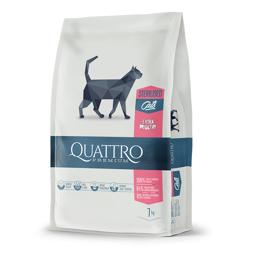 QUATTRO Premium klasės visavertis suaugusių sterilizuotų kačių ėdalas su DAUG paukštienos 1.5kg