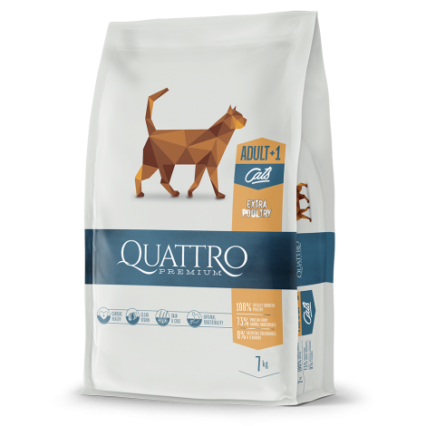 QUATTRO Premium klasės visavertis suaugusių kačių pašaras su DAUG paukštienos. 1.5kg